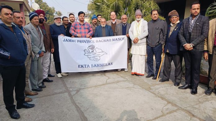 Members of Jammu Province Bachao Manch during 'Ekta Sammelan' at Jammu on Thursday.