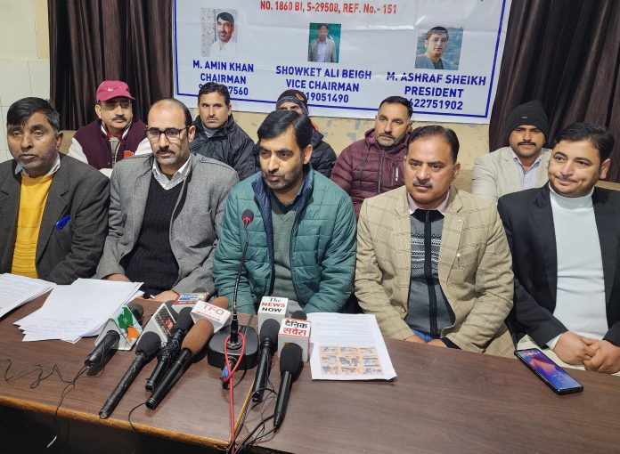 Leaders of J&K Teachers Forum addressing a press conference at Jammu on Thursday.