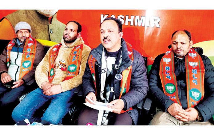 Member of BJP’s OBC Morcha during a press conference in Srinagar on Monday. -Excelsior/Shakeel