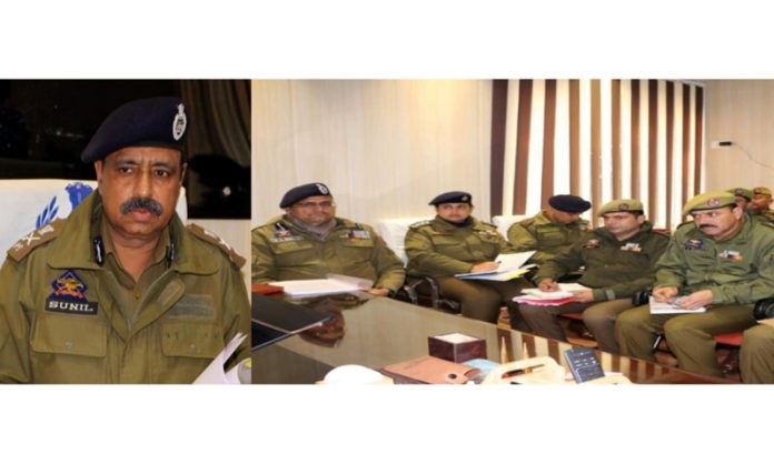 ADGP Railways, J&K, Sunil Kumar chairing a meeting of the police officers in Jammu on Tuesday.