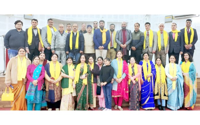 Members of YAIKS along with their newly elected President, Pt. R. K Bhat during a function in Jammu on Monday.