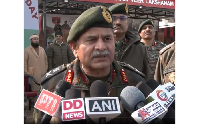 Lt Gen Upendra Dwivedi talking to media persons at Srinagar on Sunday.