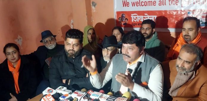 Shiv Sena leader, Manish Sahni addressing a press conference at Jammu on Tuesday.