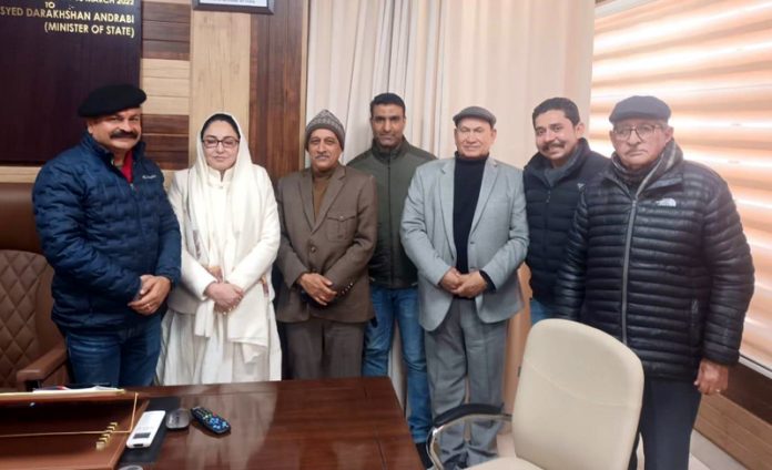 Yudhvir Sethi and delegation of shopkeepers during a meeting with Dr Darakhshan Andrabi, Chairperson Waqf Board at Jammu on Saturday.