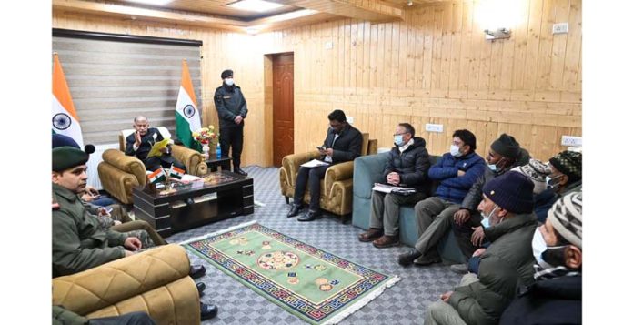 LG Ladakh, Brig (Dr) BD Mishra (Retired) meeting a delegation at Raj Niwas, Kargil on Sunday.