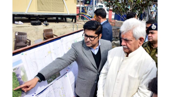 LG Manoj Sinha inspecting construction work of Balidan Stambh at Pratap Park on Friday.