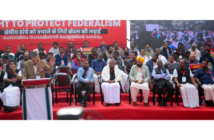 Jammu and Kashmir National Conference president Dr Farooq Abdullah addresses the gathering during LDF's protest against Centre's neglect and injustice at Jantar Mantar in New Delhi. (UNI)