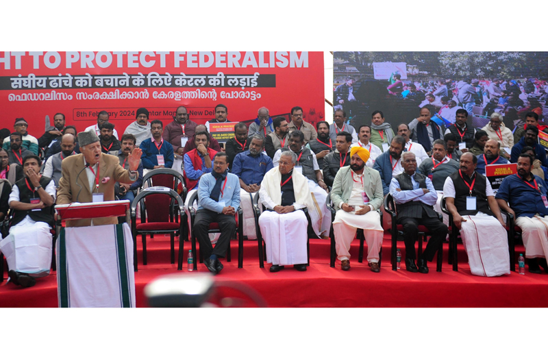 Jammu and Kashmir Nationwide Convention president Dr Farooq Abdullah addresses the gathering throughout LDF’s protest in opposition to Centre’s neglect and injustice at Jantar Mantar in New Delhi. (UNI)