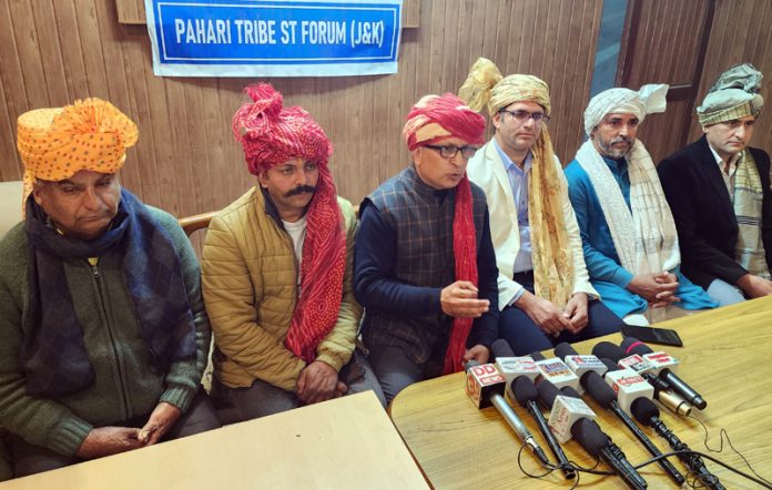 Pahari Tribe ST Forum leaders addressing a press conference at Jammu on Sunday. -Excelsior/Rakesh