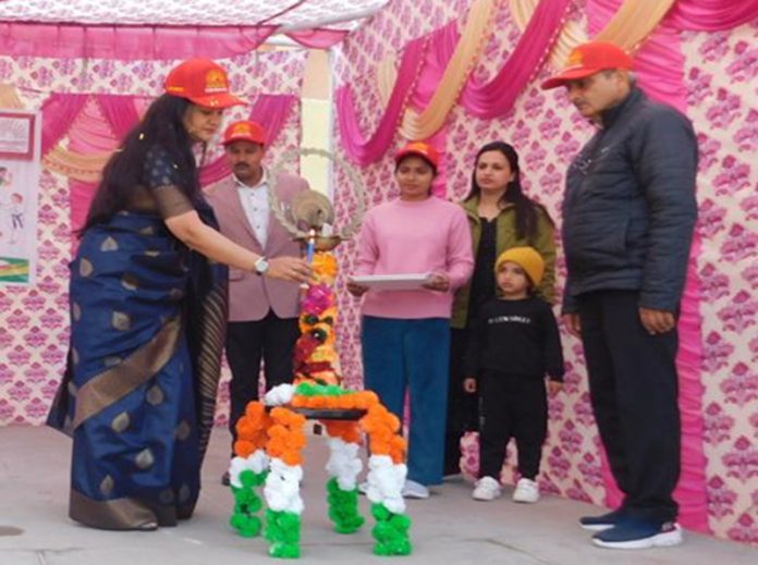 Chief Guest Sunita Dahiya lighting lamp on Annual Sports Day event at PM Shri KV Nagrota on Saturday.