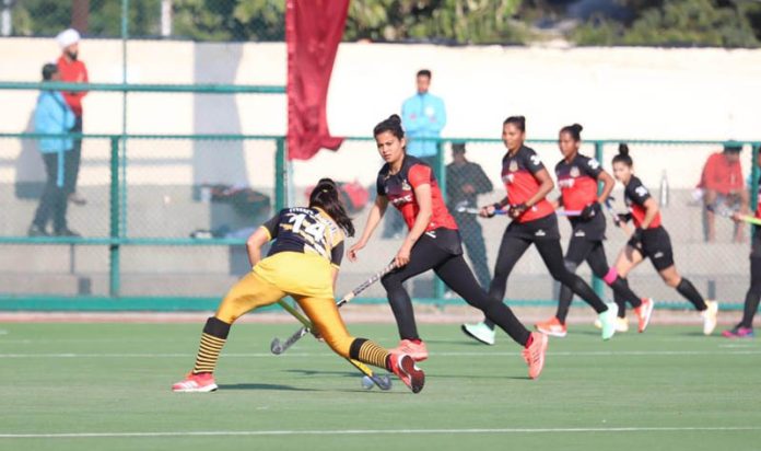 Hockey players in action during the final match of Women category on Wednesday.