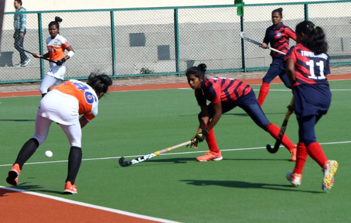 Women hockey players in action during semi-final matches on Tuesday.