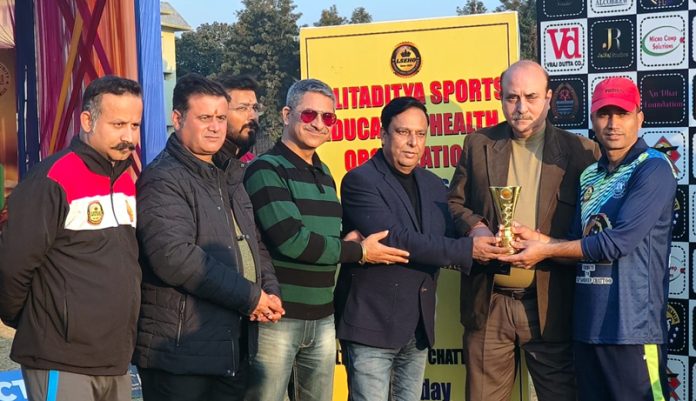 Dignitaries presenting award to a player during KPPL match at Jammu on Tuesday.