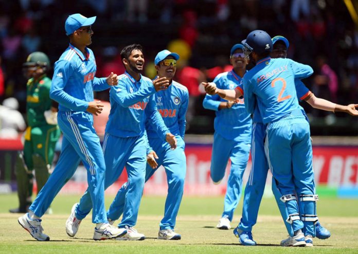 Indian U-19 cricketers celebrating after defeating South Africa in Semi-final.