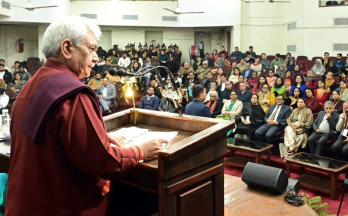 LG Manoj Sinha addressing a gathering at University of Jammu on Sunday.