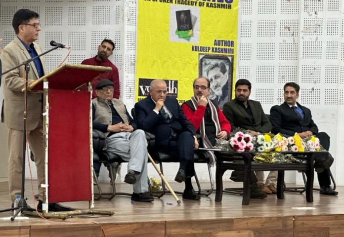 Former DGP Kuldeep Khoda addressing a function at Writers Club Jammu on Sunday.