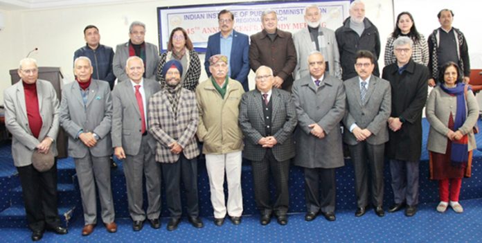BR Sharma along with the newly elected team of IIPA J&K Branch in Jammu on Monday.