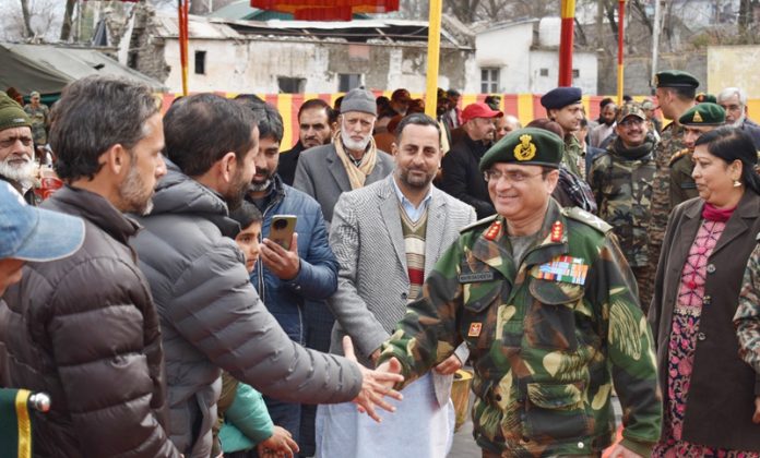 GOC White Knight Corps interacting with the locals during visit to Poonch-Rajouri sector on Monday.