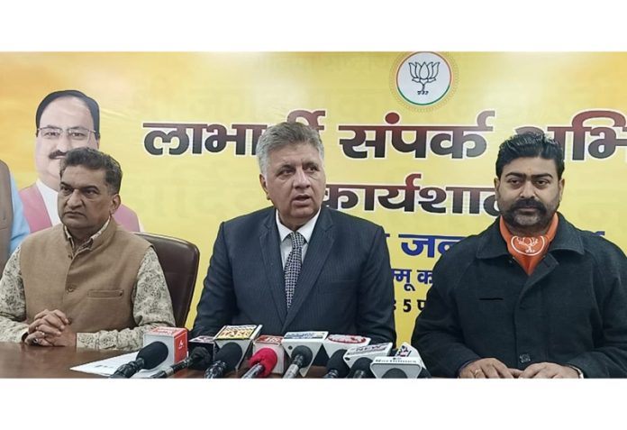 BJP chief spokesperson Sunil Sethi flanked by BJP leaders Balbir Ram Rattan and Dr Pardeep Mahotra at a press conference at Jammu on Saturday.