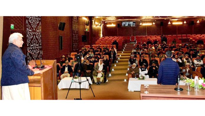 LG Manoj Sinha addressing Pahari leaders at Raj Bhawan, Srinagar on Thursday.