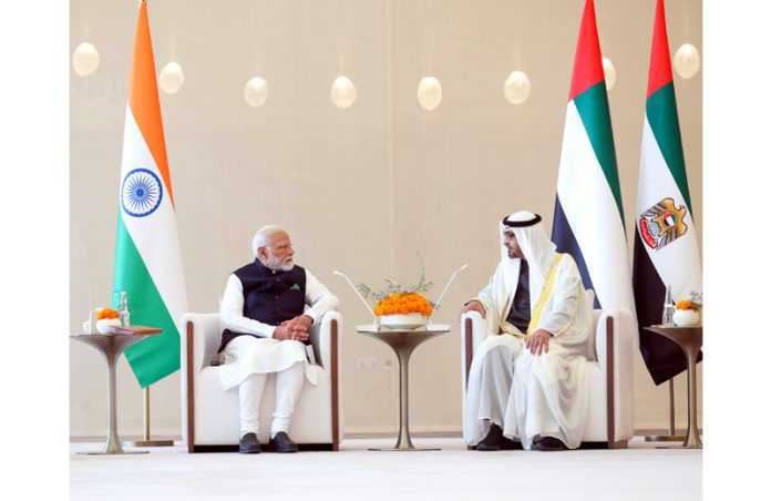 Prime Minister Narendra Modi in a meeting with UAE President Sheikh Mohammed bin Zayed Al Nahyan at Abu Dhabi on Tuesday. (UNI)