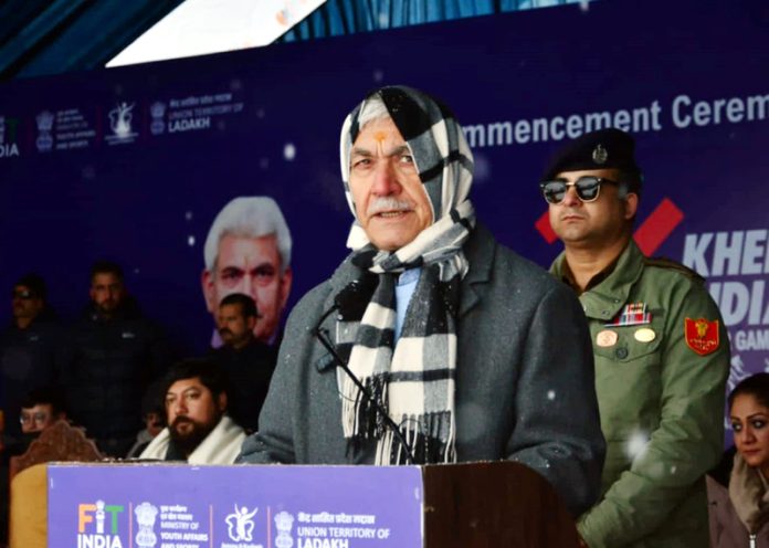 LG Manoj Sinha addressing after inauguration of snow sports event of 4th Khelo India Games in Gulmarg on Wednesday.
