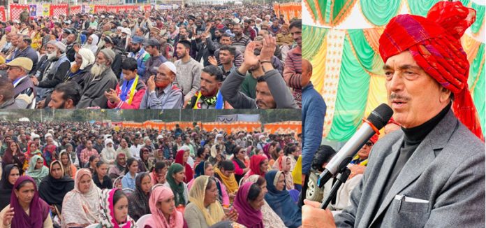 DPAP chairman Ghulam Nabi Azad addressing a mammoth public meeting in Kalakote on Monday.