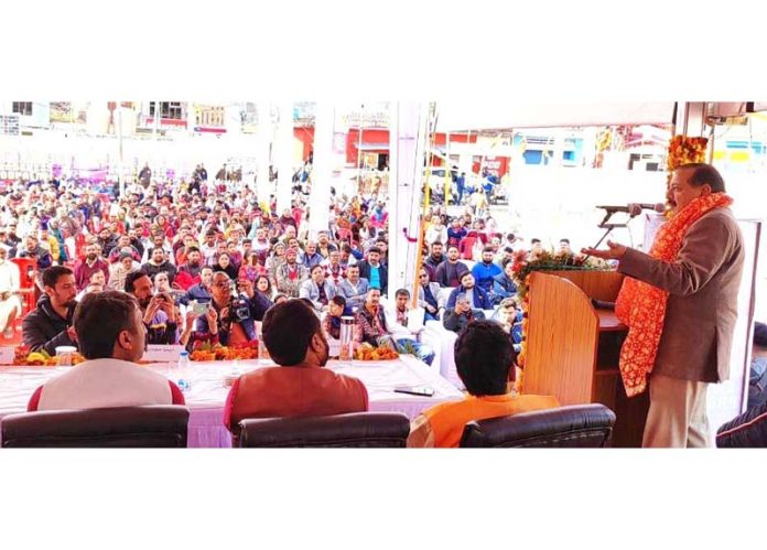 Union Minister Dr Jitendra Singh addressing a public meeting at Ramlila Ground, Basohli on Sunday. -Excelsior/Pardeep