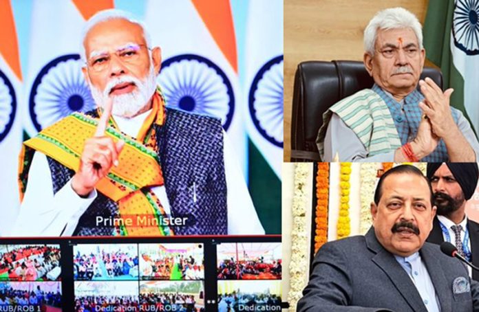 PM Narendra Modi addressing after virtual inauguration/foundation laying of projects. LG Manoj Sinha and Union Minister Dr Jitendra Singh join the function at Jammu and Katra respectively.