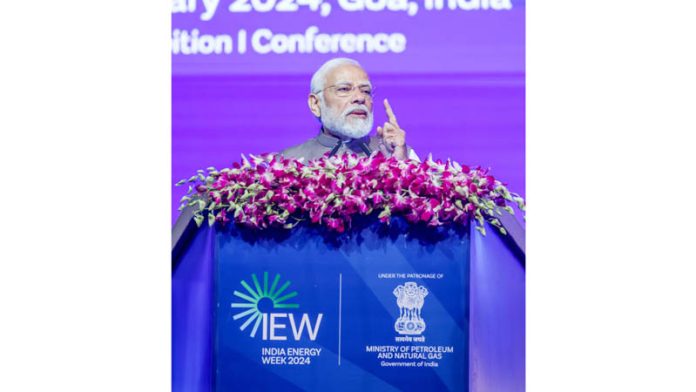 Prime Minister Narendra Modi addressing at the inauguration of India Energy Week 2024, in Goa on Tuesday. (UNI)