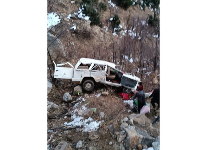 Wreckage of accident hit vehicle in Kishtwar on Friday. — Excelsior/Tilak Raj
