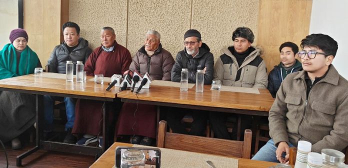 Leaders of LAB at a press conference at Leh on Monday.