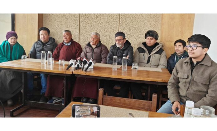 Leaders of LAB at a press conference at Leh on Monday.