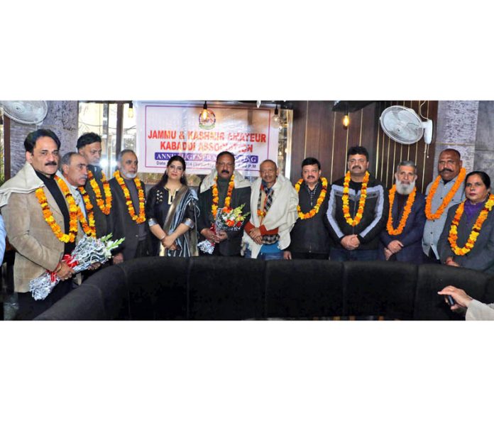 Newly elected office bearers of Jammu & Kashmir Amateur Kabaddi Association posing for group photograph.