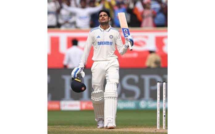 India's batter Shubman Gill celebrates his century during third day of the second test match between against England at Dr.YS Rajasekhara Reddy ACA-VDCA Cricket Stadium, in Visakhapatnam on Sunday. (UNI)