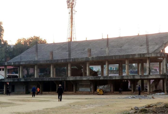 A view of semi-constructed pavillion at Udhampur stadium.