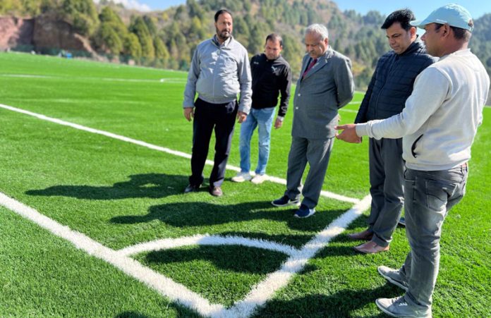 Prof. Akbar Masood, Vice Chancellor, BGSB University, Rajouri along with other officials reviewing newly developed AstroTurf ground at University Campus.