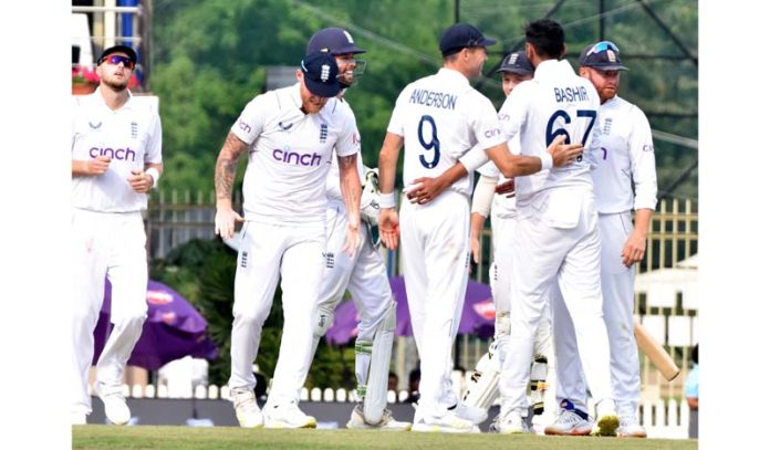 England’s Bowler Shoaib Bashir celebrates with team mates after the fall of wicket of India’s Yashsvi Jaisawal on the 2nd day of Fourth Test Cricket Match between India and England at JSCA International Stadium Complex in Ranchi, Jharkhand on Saturday.(UNI)