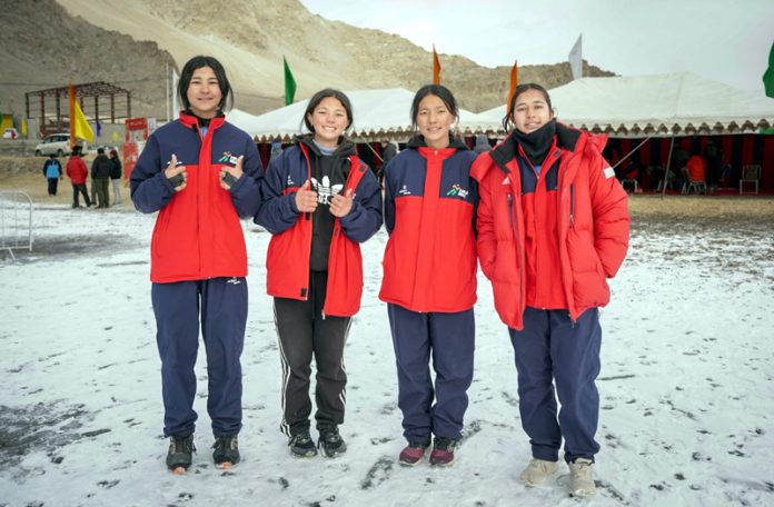 Ladakh Women's team that won 1600m short track relay gold in Leh posing for photograph on Monday.