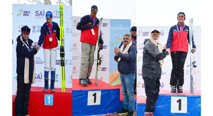 Winners getting medals on day 4 of Khelo India Winter Games at Gulmarg in Kashmir on Saturday.
