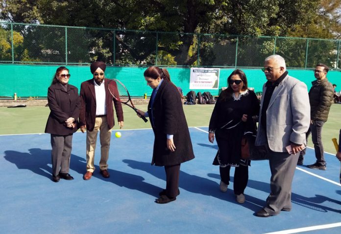 Secretary J&K Sports Council, Nuzhat Gull flanked by members of JKLTA inaugurating the T7S Lawn Tennis Championship at MA Stadium in Jammu on Monday.