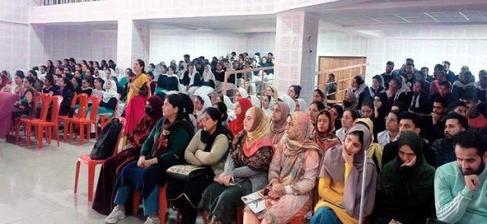 Students participating in awareness programme on cancer at Bee Enn College of Nursing in Jammu on Tuesday.