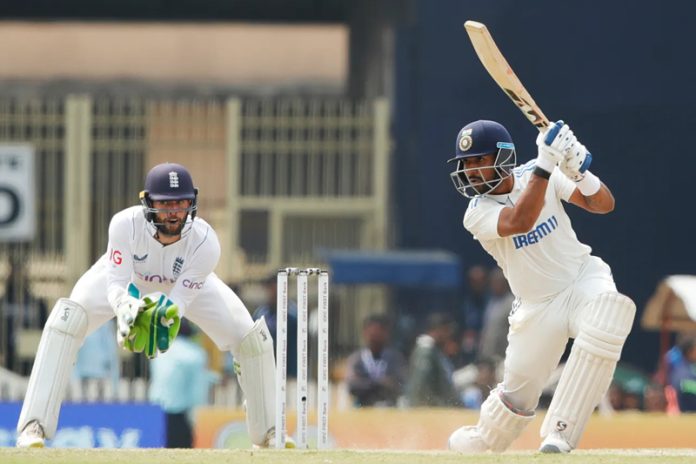 Dhruv Jurel playing a shot during his score of 90 runs against England.