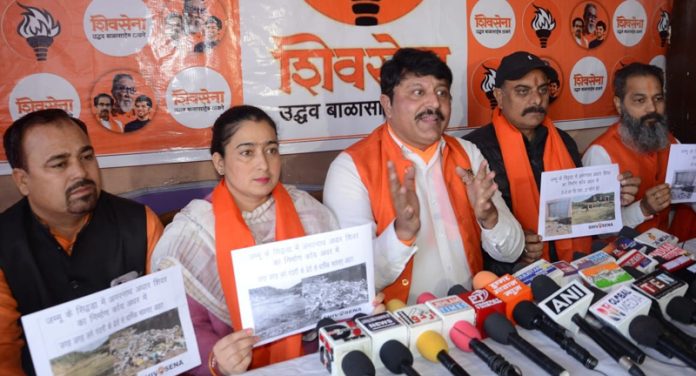 Shiv Sena leaders addressing a press conference at Jammu on Tuesday.