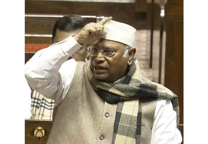 Leader of the Opposition in Rajya Sabha Mallikarjun Kharge speaks during the budget session of Parliament, in New Delhi on Friday. (UNI)