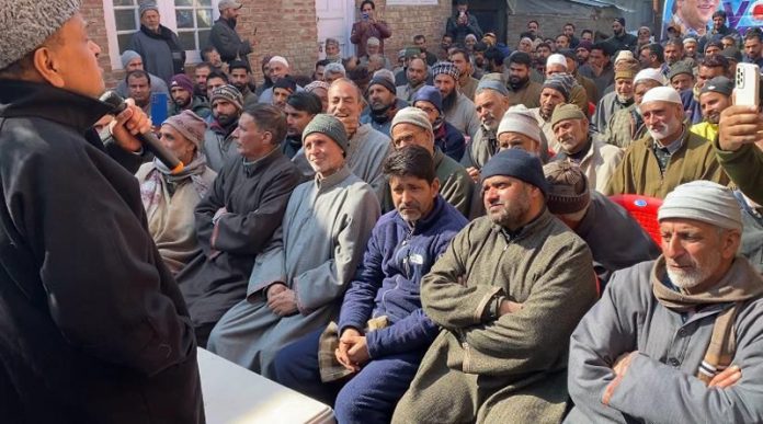 People's Conference leader Abdul Gani Vakil addressing party workers at Sopore on Monday.