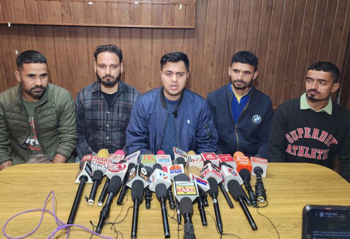 Members of VDGs addressing a press conference at Jammu on Monday. — Excelsior/Rakesh