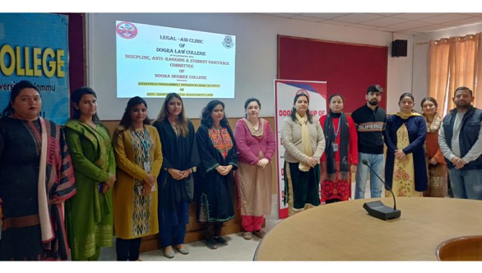 Faculty members of Dogra Degree College posing with Arushi Khajuria, a keynote speaker during a workshop on Friday.