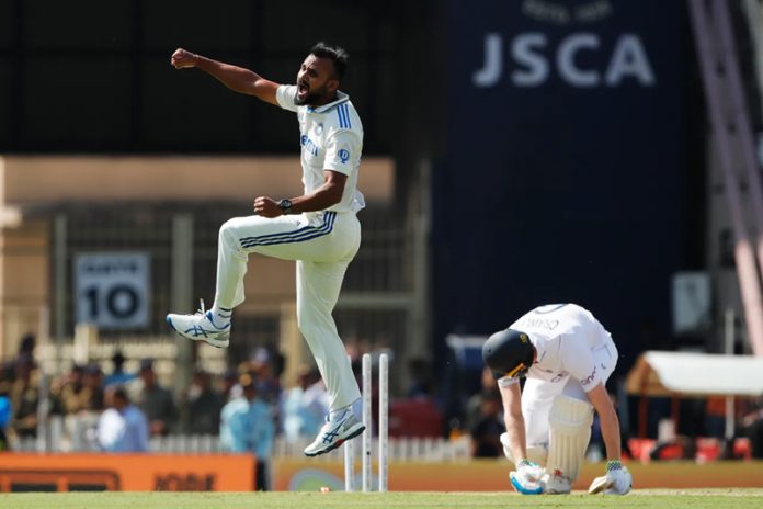 Debutant Akash Deep celebrating after taking wicket of England batsman on Friday.