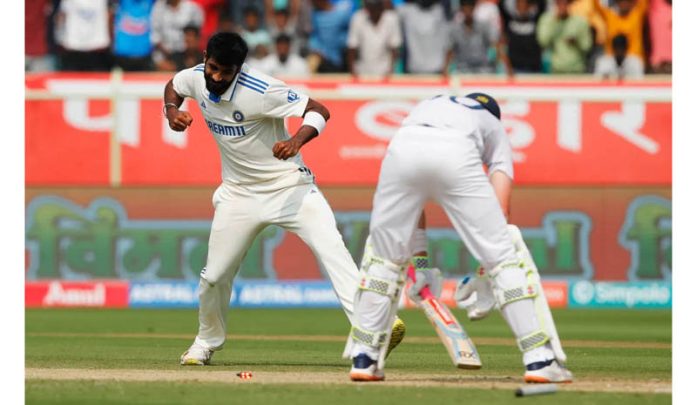 Jasprit Bumrah celebrating wicket of England batsman.
